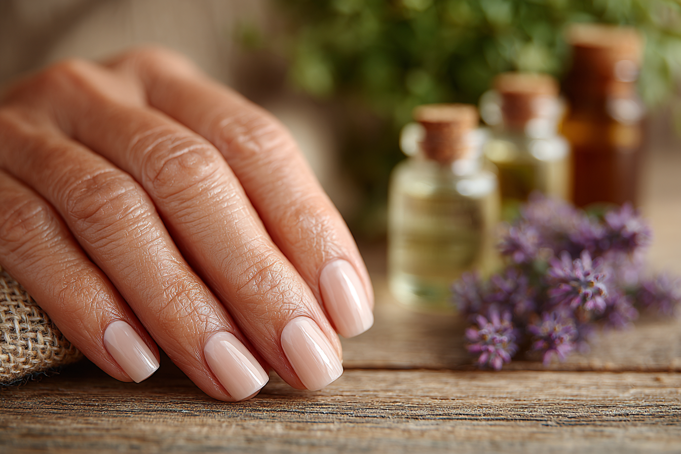 Здорова зріла жінка піклується про свої нігті природними засобами