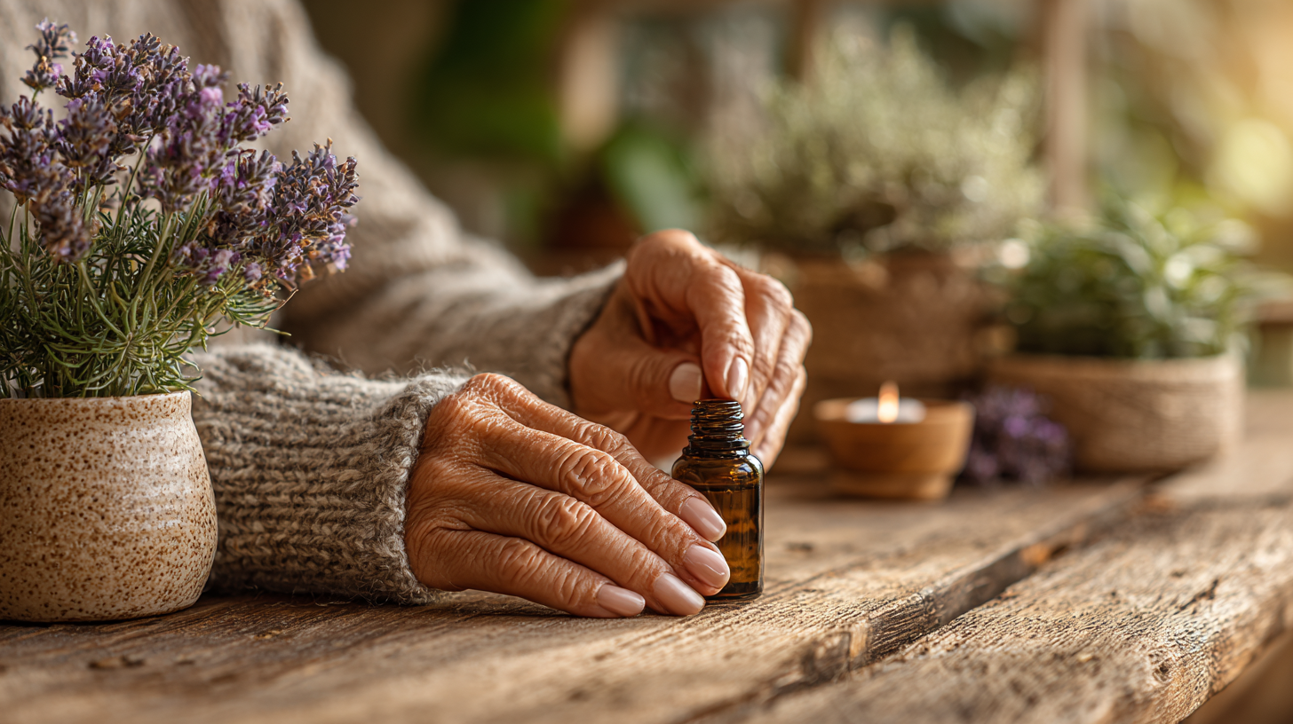 Жінка старшого віку робить масаж рук з ефірними оліями